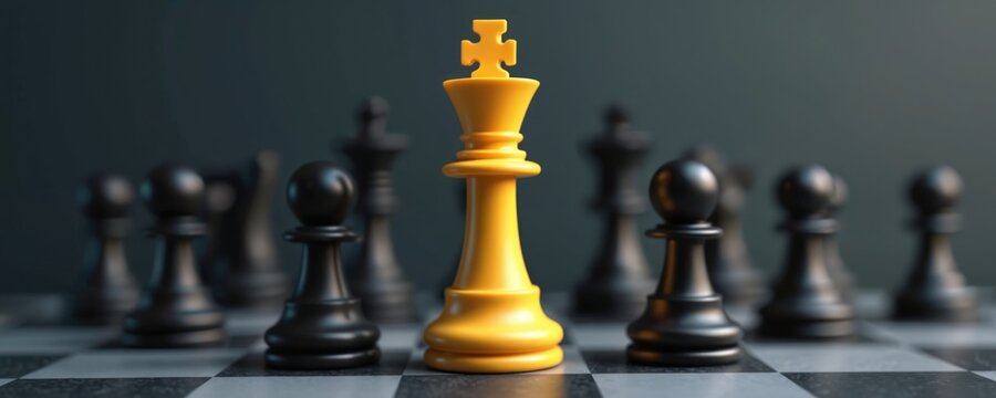 Yellow chess king stands out in black pieces on chessboard. Strategic leadership, uniqueness highlighted. Game triumph over rivals. Master of strategy, intellectual battles. Concept photo captures