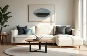 Modern Scandinavian living room interior design. White sectional sofa with decorative pillows. Wooden coffee table. Abstract painting on wall. Warm sunlight streams into room. Cozy, comfortable