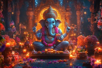 Fototapeta premium Ganesha statue, temple, candles, flowers, prayer