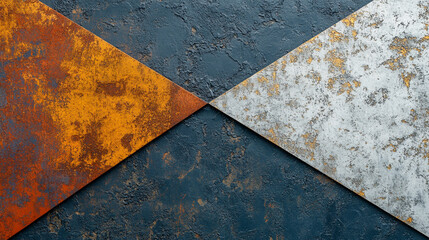 gradient of black, dark blue, gray, copper, red, brown, burnt orange, gold, and yellow. Geometric stripes and rough texture convey modern design and chaotic energy