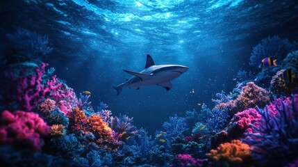 Fototapeta premium Shark circling a glowing coral reef teeming with bioluminescent fish