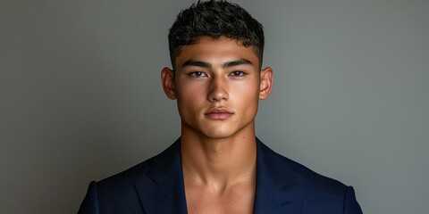 Obraz premium A young man with a well-defined jawline and short, styled hair wears a stylish suit. His confident expression conveys charisma and elegance, perfect for a fashion-forward look