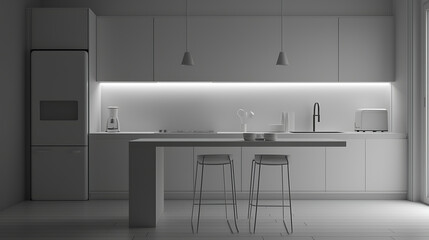 Empty Modern White Kitchen Interior Design Rendering