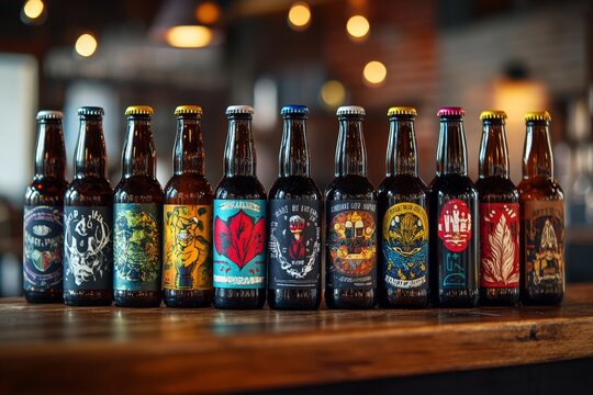 Craft beer bottles on bar, brewery tasting