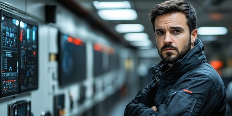 A man with a beard stands in a control room, arms crossed, focused on multiple screens displaying data and graphics. The setting has a modern, high-tech atmosphere