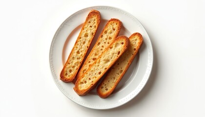 Crispy biscotti slices on white plate. Perfect snack dessert. Ideal for coffee breaks, brunch. Sweet treat. Italian baked pastry. Homemade goodness. Crunchy, delicious. Perfect for time of day. Hand
