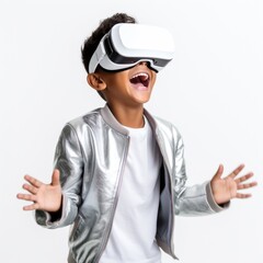 Naklejka premium Kid wear visual goggle enjoying virtual reality in white background