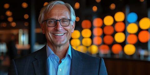 A confident man stands indoors in a modern setting with a relaxed expression. Colorful round lights illuminate the environment, creating a vibrant atmosphere during the evening