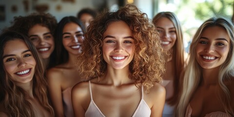 Obraz premium Seven smiling young women gather closely, showcasing their diverse hair textures and styles. Natural light streams in, creating a warm, inviting atmosphere that highlights their happiness