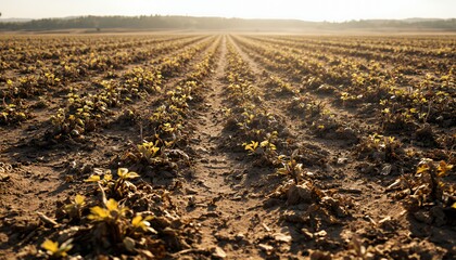 Farm Field with Young Plants Growing in Rows Under Sunny Sky