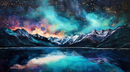 Fototapeta premium Fantasy night landscape painting of majestic mountains starry sky and glowing aurora reflected in tranquil lake