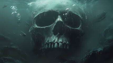Skull in the deep. Deep Ocean Horror. Illustration