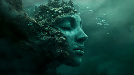 Submerged face: a surreal underwater dream. Deep Ocean Horror. Illustration