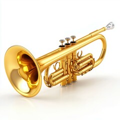 Obraz premium A shiny trumpet showcases its intricate design and bright brass finish on a smooth white surface. The instrument reflects light, emphasizing its polished parts and valves