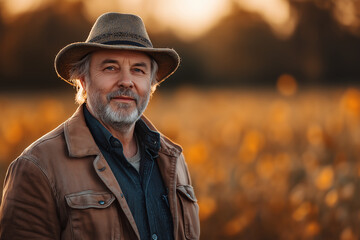 Senior farmer in hat standing in golden field at sunset with warm smile and rustic countryside atmosphere
