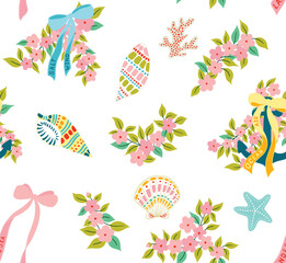 Colorful Tropical Pattern with Flowers and Shells