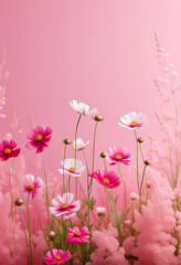 Obraz premium Zarte Wildblumen in Rosa- und Pinktönen, arrangiert vor einem pastellrosa Hintergrund – harmonisch und elegant in der Trendfarbe „Transcendent Pink“. Generative KI.