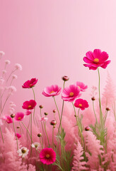 Obraz premium Zarte Wildblumen in Rosa- und Pinktönen, arrangiert vor einem pastellrosa Hintergrund – harmonisch und elegant in der Trendfarbe „Transcendent Pink“. Generative KI.