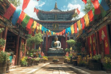 Serene Buddhist temple courtyard, prayer flags, lush garden