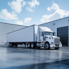 Modern white semi truck parked at logistics warehouse under blue sky