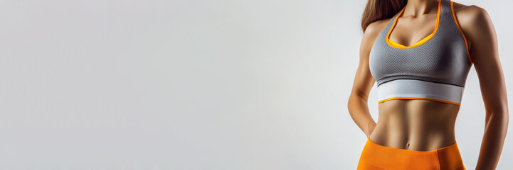 Sexy, slender body of a beautiful woman in gray and orange clothes. Fitness or plastic surgery and cosmetology. Banner for sports, fitness club, women's clothing store. Gray background, space for text