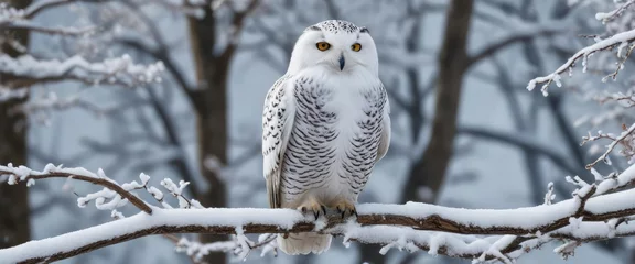 Fototapete Snowy owl perched on a snow-covered tree branch, frozen landscape, snowy owl © ศุภารักษ์ วงค์อินทร์