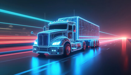 Futuristic truck moves at high speed on highway at night. Neon lights glow around tech vehicle. Modern transport design, dynamic motion blur. Advanced tech for delivery, logistics. Urban