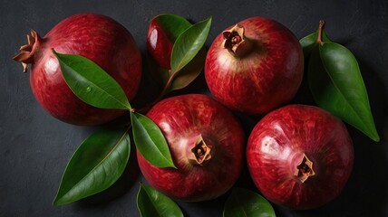 Fresh Pomegranates: A Close-Up of Ruby-Red Seeds and Vibrant Green Leaves