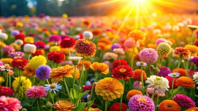 Sprint flowers blooming in a field with warm sunlight and soft grass, sprint flowers in bloom, countryside views, wildflowers in bloom