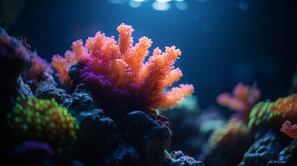 Fototapeta premium vibrant coral reef illuminated by sunlight, showcasing diverse marine life in clear blue water. The underwater scene has a bright tone with blurred space for captioning