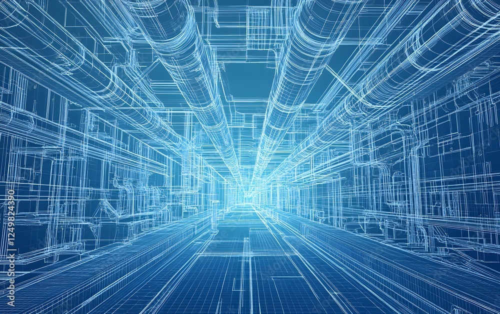 Poster a futuristic digital representation of a data tunnel, featuring intricate line work and a glowing pe