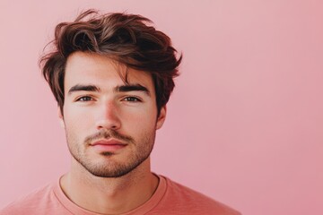 Fototapeta premium Stylish Young Man with Casual Look Against a Soft Pink Background