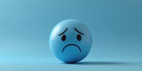 Sad blue emoji conveys melancholy. Isolated digital symbol on minimalist background. Blue color sadness, sorrowful feelings. Emotional expression conveyed through emotive face illustration. Digital