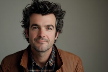 Obraz premium Confident Man with Curly Hair in Casual Attire Against a Neutral Background