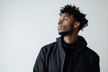 Obraz premium Contemplative Young Man in Stylish Black Attire Against a Minimalist Background