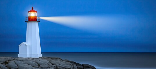 A dark seascape with an abstract, futuristic theme, featuring a lighthouse on a mountain. The night sea view includes water reflections of light and neon rays creating illuminations