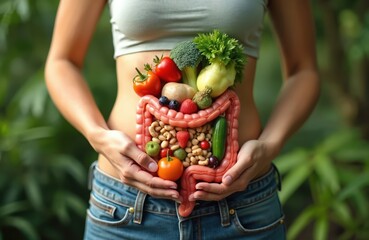 Woman holding model of human intestines filled with different fresh fruits, vegetables. Healthy eating, digestion concept. Nutrients, probiotic food important for digestive health system. Good