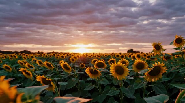 A stunning backdrop of sunflowers stretches across the landscape at sunset, with the sky filled with dramatic clouds. This peaceful summer setting captures the essence of nature's beauty.
