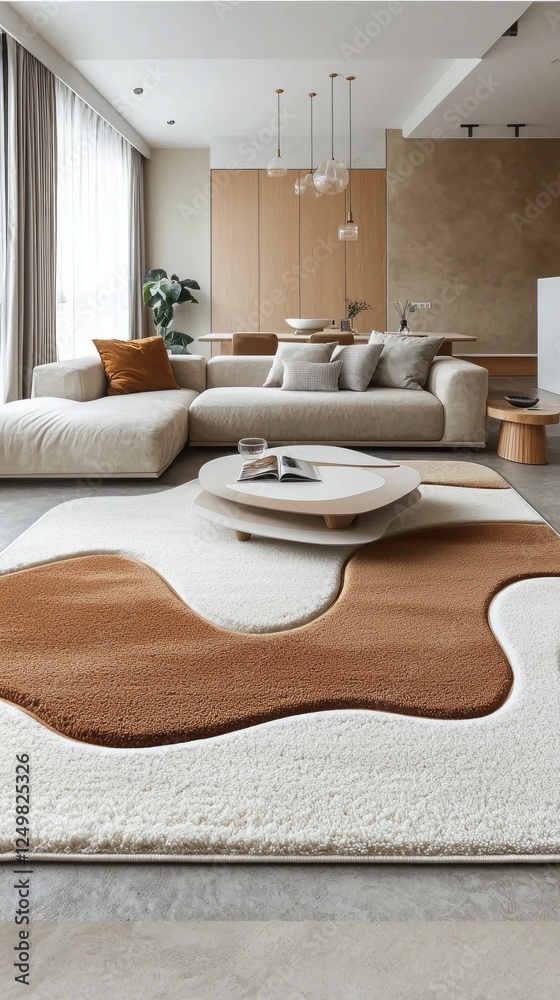 Poster A sophisticated modern shaggy area rug with a creamy backdrop features flowing lines and shapes, beautifully complementing the cream sofa and coffee table in a stylish living room setting