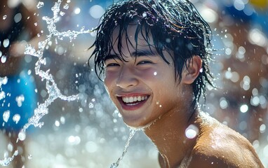 Obraz premium A joyful young man enjoying a sunny day at the beach, splashing in water with a bright smile. The scene radiates happiness, warmth, and the carefree essence of summer fun.