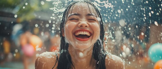 A joyful young woman laughing in a splash of water, epitomizing happiness and summer fun. Her radiant smile reflects a carefree moment, surrounded by colorful elements.