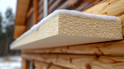 Corner of a wooden house with seams filled with polyurethane foam for insulation, emphasizing a modern, bright atmosphere and blank space for creative caption or focus