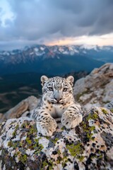 Fototapeta premium Snow leopard blending into its rocky mountain habitat under a cloudy sky