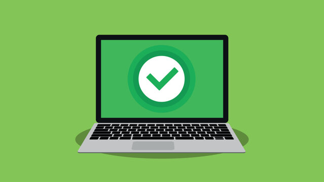 Laptop with check mark on screen. information recieved. Notification successful. Flat style vector illustration