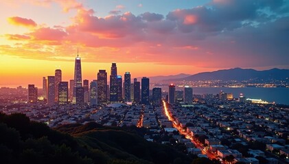 Fototapeta premium Golden hour illuminates LA skyscrapers, Pacific Ocean view , sky, cityscape, night