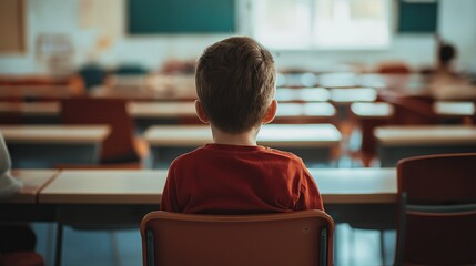 A young boy sits by himself in an empty classroom, symbolizing isolation, ADHD, or struggles in education.