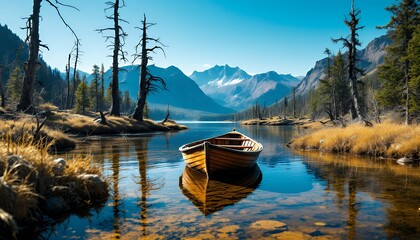 Obraz premium Wooden Boat on Clear Lake Reflecting Mountains Under Blue Sky