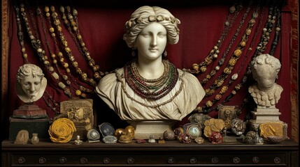 Fototapeta premium Elegant Still Life: Antique Bust Adorned with Jewels and Ancient Artifacts