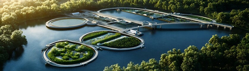 Aerial view of a modern water treatment facility surrounded by lush greenery, showcasing sustainable technology and eco-friendly architecture integrated with nature.