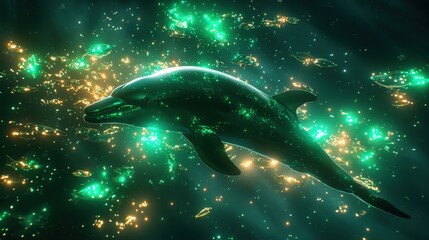 Fototapeta premium Vaquita dolphin swimming alongside a school of glowing fish